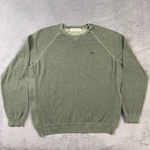 Tommy Bahama Sweater Mens L Green Cotton Crewneck Marlin Logo Coastal Earth Dad
